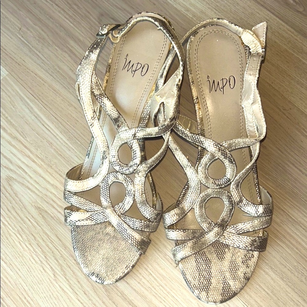 Impo Winston Metallic Snakeskin Sandals 7 1/2 Wedges Heels Dressy Career